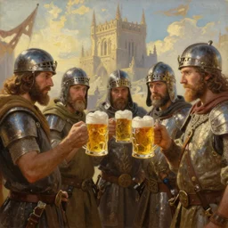 an epic painting of the crusaders order of beer lovers, holding mugs of beer in their hands, oil on canvas, golden hour, beautiful detailed, photorealistic, digital painting, artstation, concept art, smooth, sharp focus, illustration, fantasy background, artstation trending, octane render, unreal engine