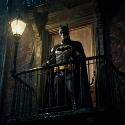 batman, night, on a balcony, retro sodium vapor lighting, rainy, moody, cinematic, shot on film, highly detailed, hdr _ n 4