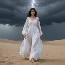 a wonderful symmetrical goddes with a long white semi transparent and ornate cotton dress is walking in a sand, behind here there is a storm, one flash on top, one flash in front of herartstation, octane render 8 k