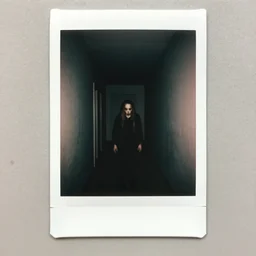 creepy entity at the end of a dark hallway, polaroid,
