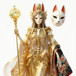 skeleton goddess intricately carved and decorated, draped in diaphanous gilded fabric, holding a scepter with glowing gems + beautiful intricately detailed + ornamented japanese crow kitsune mask and kimono!, transcendent, vibrant color, clean linework, rule of thirds, award winning, finely detailed, 4 k, trending on artstation, volumetric lighting, octane render