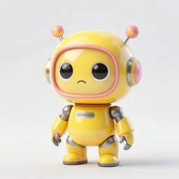 an adorable yellow and pink robot with big sad eyes, futuristic look, highly detailed body, photorealistic camera shot, bright studio setting, studio lighting, crisp quality, light reflections, unreal engine 5 render,