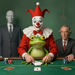 The Clown Frog King gets completely wiped out in a game of poker, painting by René Magritte and Robert Crumb and Ralph McQuarrie