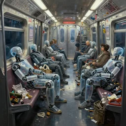 cyberpunk detail painting of subway car full of garbage with sleeping translucent homeless robots, deep displacement, back light, reflections, raytracing, raymarching, subsurface scattering, digital art, painted by anna nikonova