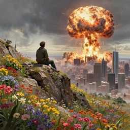 a man sitting on top of a rock covered hillside with beautiful colorful flowers watching a nuclear explosion in a distant city with skyscrapers, nuclear attack, global illumination, a detailed matte painting by filip hodas, cgsociety, fantasy art, cinematic, artstation hq, vfxfriday, dystopian art