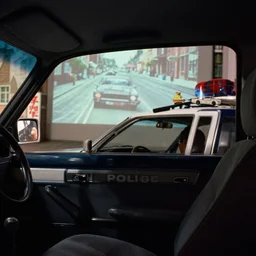 fuji 5 0 r, 1 5 mm ; in bruges ( 1 9 9 2 ) film still of police car interior with front seat side window view ; in background a projection of beautiful hyperrealistic film still from ronin ( 1 9 9 0 ) car chase scene directed by wes anderson instyle of 1 9 9 0 s frontiers in miniature porcelain kintsugu design magazine seinen manga edition, real - life seinen manga porcelain sci - fi font izakaya sign, highly detailed, cinematic lighting, 8 k