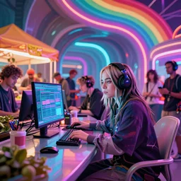 cyberpunk billie eilish working on cyberpunk computer in cyberpunk farmers market by william barlowe and pascal blanche and tom bagshaw and elsa beskow and enki bilal and franklin booth, neon rainbow vivid colors smooth, liquid, curves, very fine high detail 3 5 mm lens photo 8 k resolution