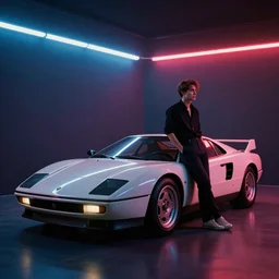 designed by Giorgetto Giugiaro stylized poser of a single car, thick neon lights, ektachrome photograph, volumetric lighting, f8 aperture, cinematic Eastman 5384 film
