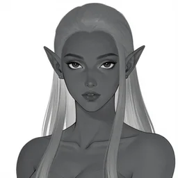 manga line art portrait of a beautiful high-fantasy dark elf with dark grey skin red eyes and long silver hair (Viconia from Baldur's Gate 2), very detailed, realistic, colorful