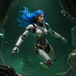 hyperrealistic scifi concept art photograph of beautiful futuristic himba girl with robotic arms and blue hair weightless in a dark green space station