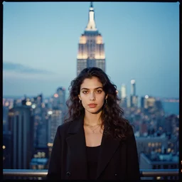 analog portrait photography of a beautiful woman on the empire state building. cinestill 8 0 0. bokeh. detailed. hq. blue hour. f / 1. 2, symmetrical balance, in - frame