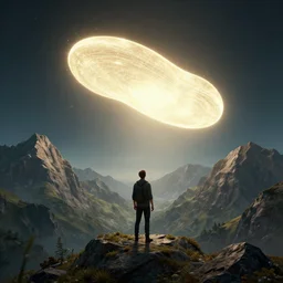 a man standing in the middle of a mountain looking at a glowy shape, a render by filip hodas, behance contest winner, environmental art, rendered in cinema 4 d, volumetric lighting