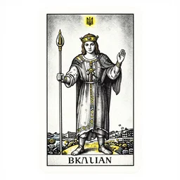 portrait of black and psychedelic grainshading tarot card print of the ukrainian spirit of by moebius, wayne barlowe, cyberpunk comic cover art, very intricate, thick outline, full body, symmetrical face, long black crown, in a shapes background, galactic dark colors