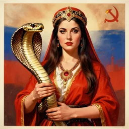a communist russian propaganda where a woman holds a cobra as a symbol of power