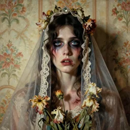 a beautiful and eerie baroque painting of a beautiful but sinister man in layers of fear, with haunted eyes, 1 9 7 0 s, seventies, floral wallpaper, wilted flowers, morning light showing injuries, delicate ex embellishments, painterly, offset printing technique