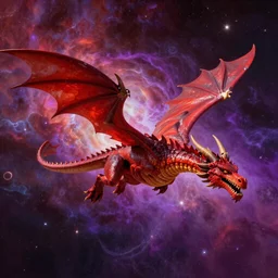 a dragon flying in outer space, red and purple nebula, Dan Seagrave art