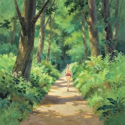 forest walkway on a sunny day, traditional gouache painting by chinese artist and studio ghibli for animation studio