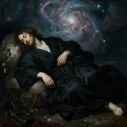 sleeping god in black robe, nebula, underwater, cinders, very detailed, realistic, natural lighting, annibale carracci, greg rutkowski, wlop, terese nielsen, 1 6 k, illustration