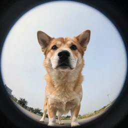 Selfie of a dog, first-person view, fisheye lens, photorealistic imagery, trending on artstation, 4k, 8k