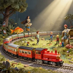 highly detailed wide - angle portrait of a cute tin toy retro train set, nicoletta ceccoli, mark ryden, lostfish, earl nore, hyung tae, frank frazetta, global illumination, god rays, detailed and intricate environment