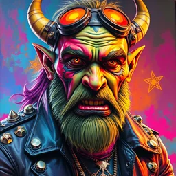 portrait of an orcish biker character, vibrant psychedelic colors, futuristic punk rock fashion, studded leather jacket, face tattoos, oil painting by michael whelan