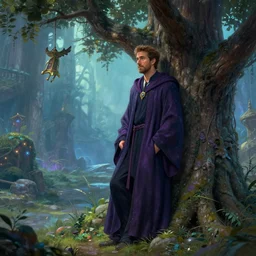 ryan reynolds wearing wizard robes leans against a magical tree romance novel fantasy artwork epic detailed and intricate digital painting trending on artstation by wlop octane render