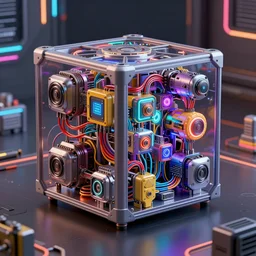 ultra detailed photorealistic the c 4 d render station with mechanical cube blind boxes, cinematic light, sci fi toy, glossy, cybernetic machines, colorful, wires, robotics, futuristic decor, trending on artstation, global illumination, ultra realistic illustration, matte painting, high detailed, unreal engine, octane render