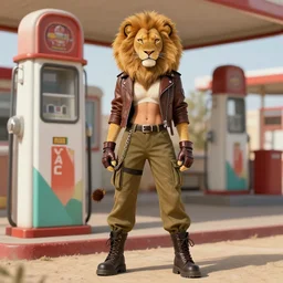beautiful portrait of a female anthropomorphic lion fursona wearing a open leather jacket at an old gas station in the desert. leather gloves. combat boots. cargo pants. pocket chain. character design by charlie bowater, ross tran, artgerm, and makoto shinkai, detailed, soft lighting, rendered in octane
