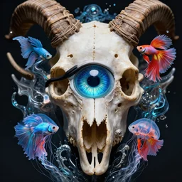 eye of god macro close - up portrait with mask made of ram skull. betta fish, jellyfish phoenix, plasma, water, wind, creature, super intricate ornaments artwork by tooth wu and wlop and beeple and greg rutkowski