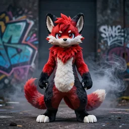 photo ( far _ angled _ shot ), subject [ furry _ fandom _ fursona _ original _ character ( red - black, anthropomorphic _ humanoid _ furry, weasel - ferret - stoat ) ], background ( dark _ smokiness ), medium [ graffiti ], artist ( spake _ the _ weasel )