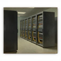 1 9 th century historical painting representing interior of the data center, servers, cables, high quality, hermitage museum catalog,