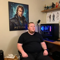 incel twitch streamer, portly with acne and neck beard, hangs detailed fantasy portrait of jordan peterson on the wall of his mom's basement, tissues on floor, gaming rig with bright leds on desk, vlogger mic on stand, shelf with star wars figurines, concept art by atey ghailan, illustration, highly detailed