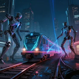 laser neon railway running through futuristic robot city. night. robots. cyberpunk. robotic. locomotive. cyber train. victor enrich. cybernetic. vincent di fate. night sky. beeple. jim burns. trending on artstation. digital painting