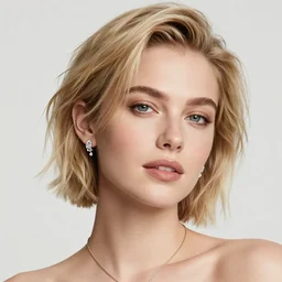 a realistic portrait of a beautiful woman with short messy blond hair, look like model, wearing diamond earrings and necklace and rings, swimming in the pool, skinny, sunset, los angeles landscape on background, 1 9 7 0 film photography, john martin style