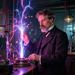 nikolai tesla in his lab, electrical arcs, magical sparks, neon glow, highly detailed, digital art, intricate, dramatic lighting, retro futuristic, neon colors, cinematic, art by norman rockwell, greg rutkowski, james gurney, artgerm