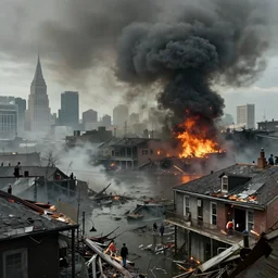 new - orleans underwater after tsunami, destruction, fire and black smoke, people on the roofs, hyperdetailed, artstation, cgsociety, 8 k