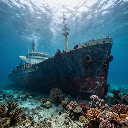 “ a sunken ship. under the ocean. diffused sunlight from top. colorful corals growing on the ship. photorealistic ”