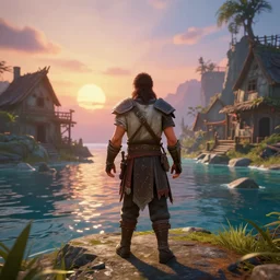 full length portrait of a male warrior exploring a mysterious abandoned village near the ocean, rendered in bryce 3 d, video game, prerendered 3 d cgi, ray - tracing, water ripples, sunset, vibrant color, mysterious atmosphere, depth of field, cinematic lighting, focused, rule of thirds, trending on artstation