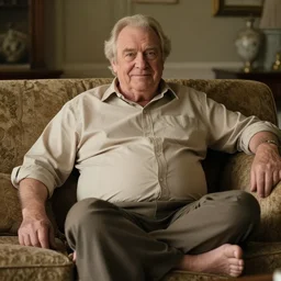 full body photo of older handsome lord richard. he is sitting gracefully on a sofa, his eyes look wise, happy wise. oh he is a human by the way, wear's beige shirt, has firm skin and big bouncy belly