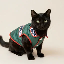 black cat is wearing snickers wrap as a jacket