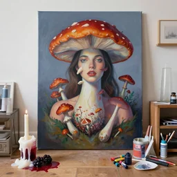 “ a portrait in a female art student ’ s apartment, magic mushrooms, sensual, art supplies, a candle dripping white wax, berry juice drips, acrylic and spray paint and oilstick on canvas, surrealism, neoexpressionism ”