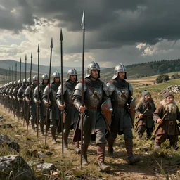 soldiers of tercio in formation of pikes and shields but with a first line formed by bearded dwarfs dressed as tercios, beautiful landscape, dramatic lighting, cinematic, establishing shot, extremly high detail, photorealistic, cinematic lighting, post processed, concept art, artstation, matte painting, style by greg rutkowsky