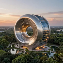a stunningly detailed building designed by Zaha Hadid, surrounded by lush green forest, ponds of water, stunning volumetric lighting, sunset, metal, concrete, glass, stunning skies, trending on Artstation, 8k, photorealistic, hyper detailed, unreal engine 5, Rhinoceros 3D, IMAX quality, cinematic, epic lighting, in the style of Greg Rutkowski