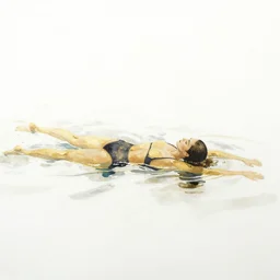 beautiful serene swimming person, life, minimalistic golden and ink airbrush painting on white background