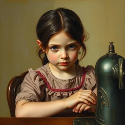 one little girl sitting at a sewing machine, oil paint, muted olive background, highly detailed, close up face, in jan vermeer style