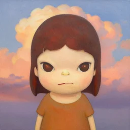 pleasing palette, textured, detailed, flawless, perfect, mural - sized chibi portrait by yoshitomo nara ( 2 0 1 2 ), close - up, idyllic cumulonimbus sunset textured particulate atmospheric adorable matte painting detailed pastel from fantasia ( 1 9 4 1 )