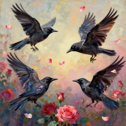 crows with flower petals! as feathers, flying among roses, expressionist, vibrant, muted, dark highlights, album cover, album artwork