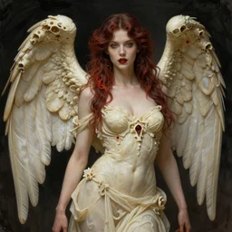 gustave dore beautiful desirable vampire girl with ivory skull wings with some crimson, beautifully lit, hyperdetailed, lighting, featured on artstation, by james jean,, rutkowski, mucha klimt and tom bagshaw, 4 k, micro details