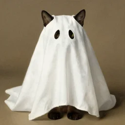a cat wearing a white sheet with holes cut out for eyes like a ghost costume by gustave dore