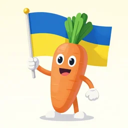 an anthropomorphic carrot waving the Ukrainian flag.
